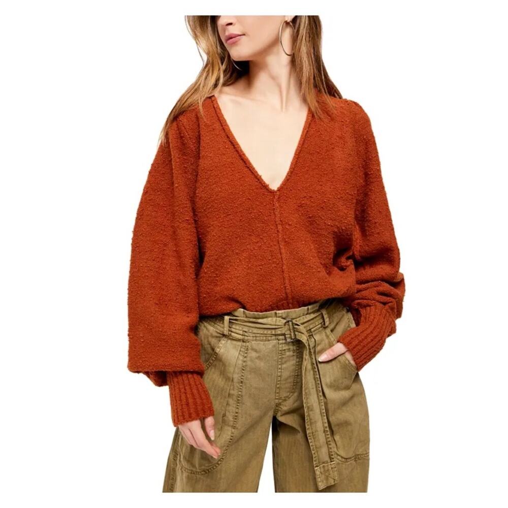 Free People Dark Orange Burnt Butter Reverie V Neck Blouson Sleeve Sweater NWT